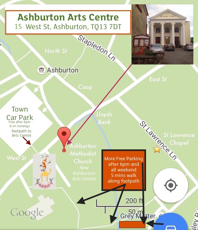 Map showing Ashburton Arts Centre, Town Car Park and other parking